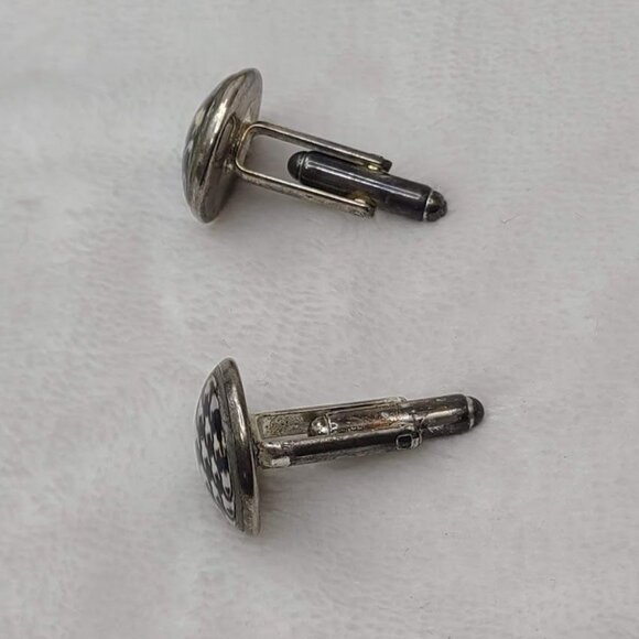 Vintage Houndstooth Pattern Round Cufflinks Black White Silver Tone - Picture 7 of 8